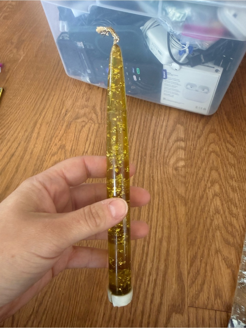 Vintage lucite taper candle green with gold flakes